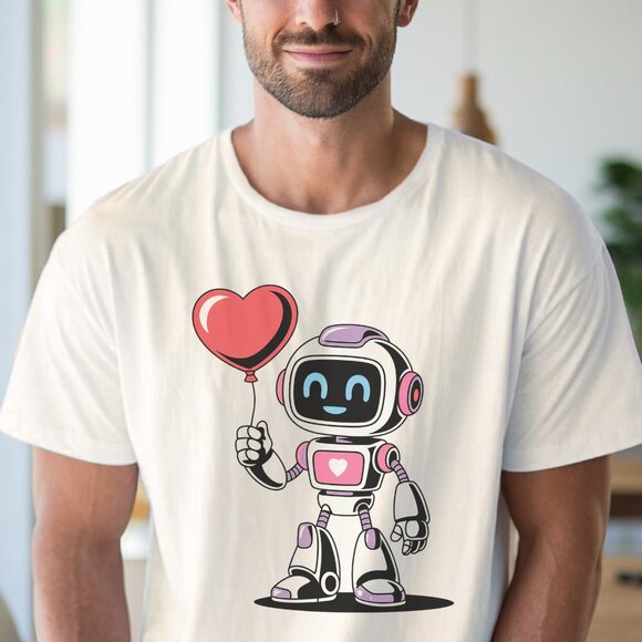 Cute Robot Heart Balloon Tee Valentine Love Shirt - Picture 4 of 6